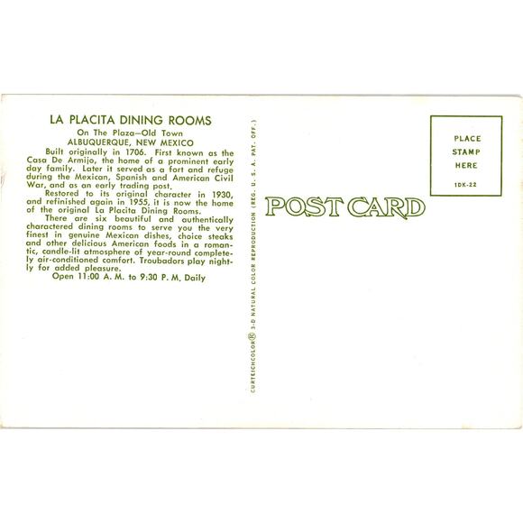 La Placita Dining Rooms Albuquerque New Mexico Postcard Unposted - Picture 2 of 2